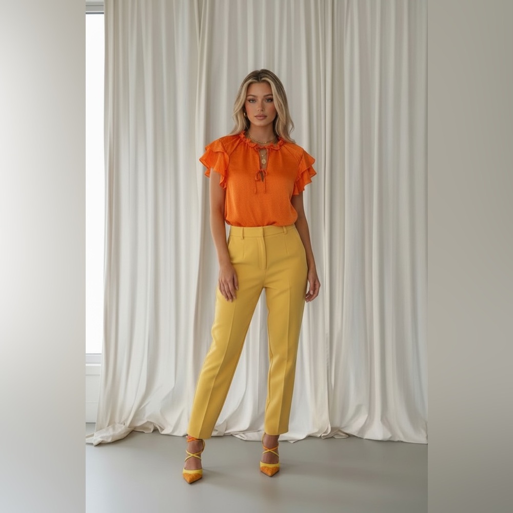 Steve Madden bright orange satin silk ruffle sleeve top size XL - Picture 2 of 5